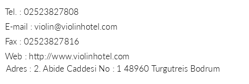 Violin Hotel telefon numaraları, faks, e-mail, posta adresi ve iletişim bilgileri